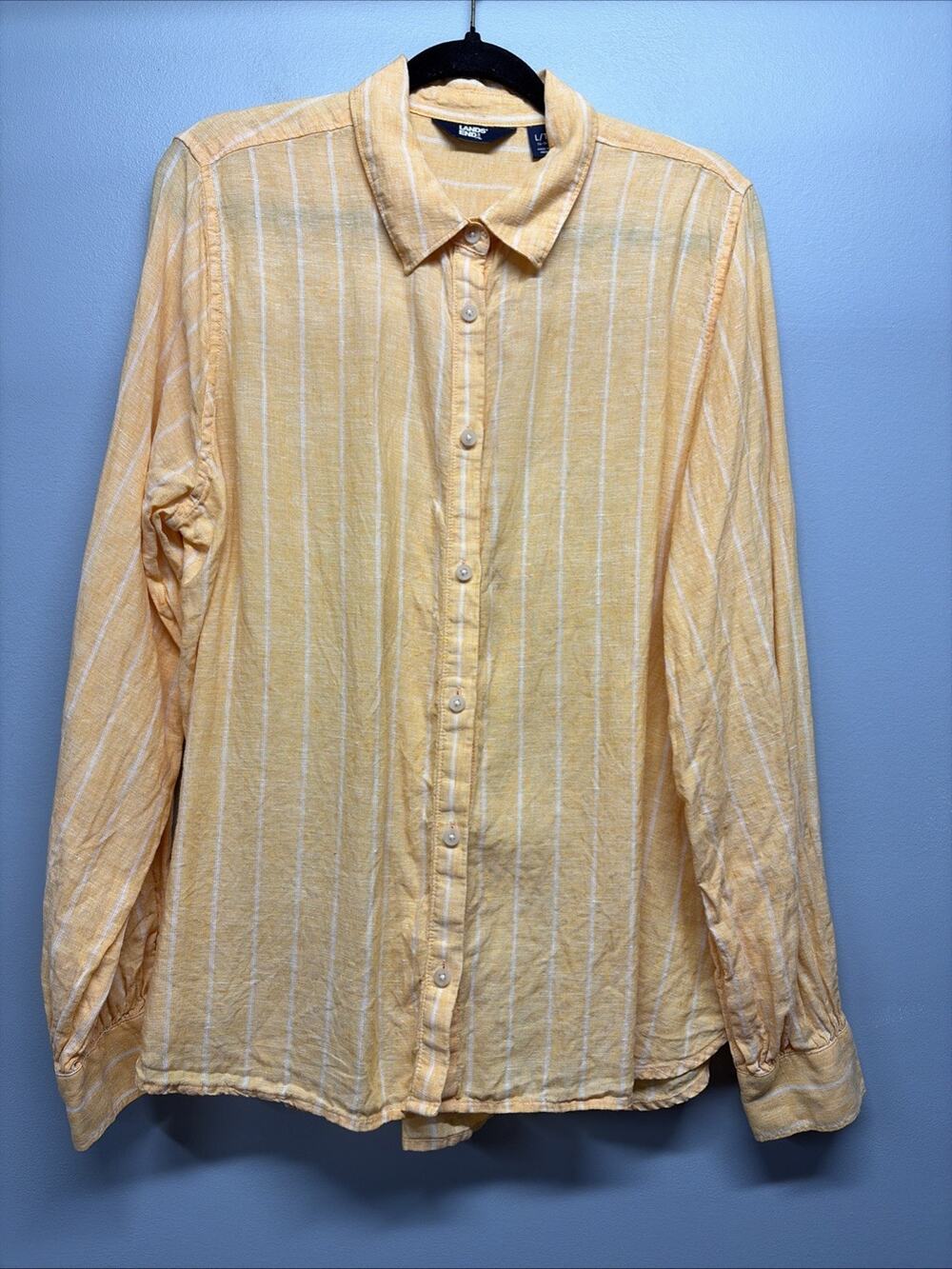 Lands' End 100% Linen Button Down Blouse Orange Striped - Women's Sz L/T (14-16)